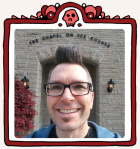 Picture of Sean Chappell in front of a funeral home that says The Chapel on the Corner.